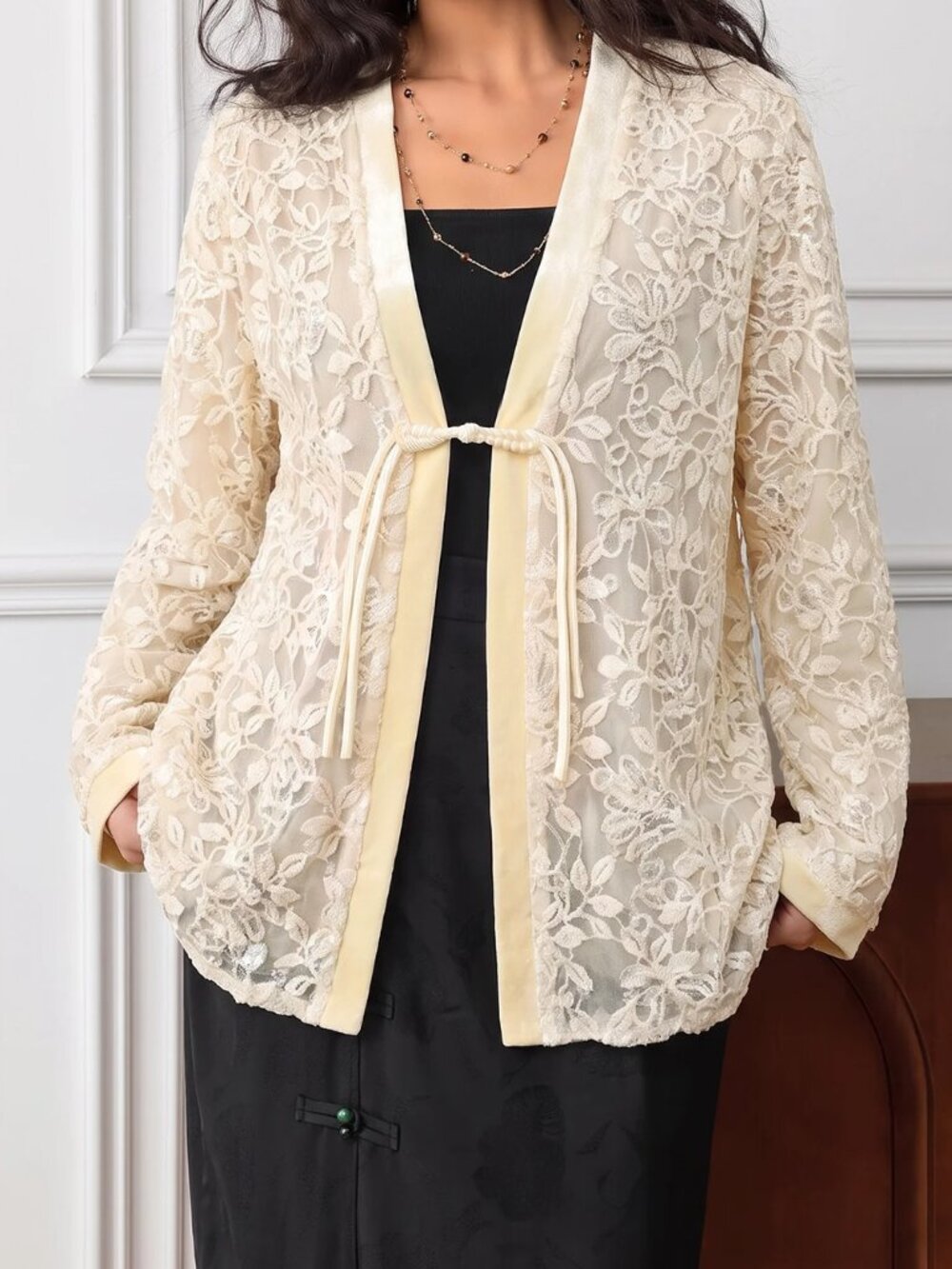 Apricot Casual Women's Contrast Lace Sheer Tie Front Kimono Sleeve Jacket - Picture 5 of 8